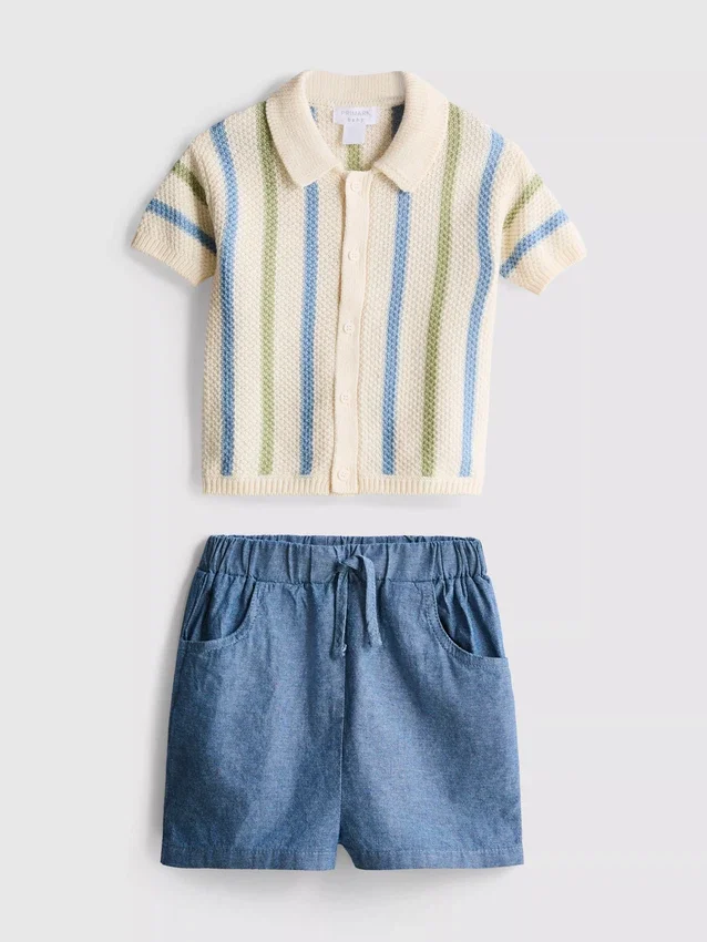 0-12 meses | Conjunto de camisa de polo y pantalones cortos de punto a rayas