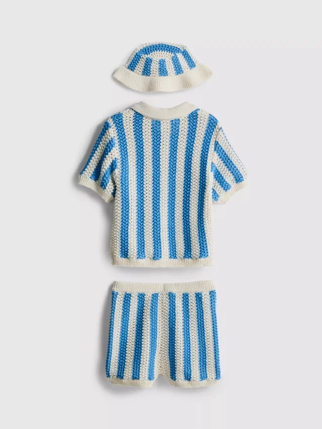 0-18 meses | Conjunto para recién nacidos con polo a rayas, pantalones cortos y gorro