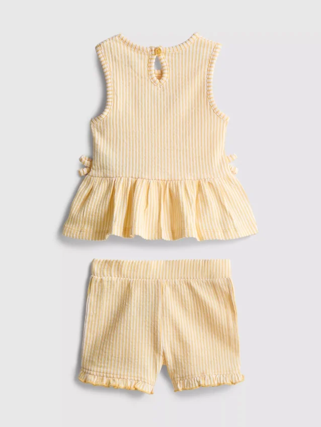 0-36 meses | Conjunto de blusa con dobladillo tipo peplum bordado con motivos florales y pantalones cortos