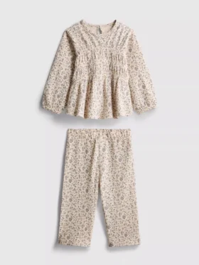 0-36 meses | Conjunto de blusa de manga larga y pantalones con estampado floral arrugado