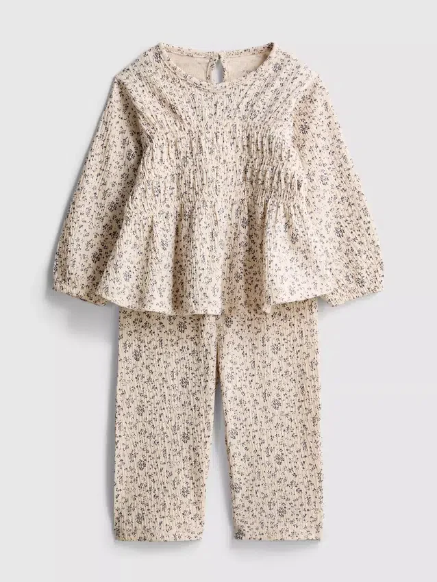 0-36 meses | Conjunto de blusa de manga larga y pantalones con estampado floral arrugado