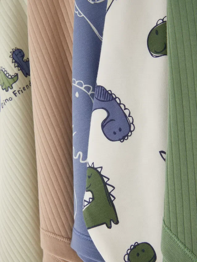 0-36 meses | Paquete de 5 bodies de manga corta con diseño de dinosaurios en pantalones cortos
