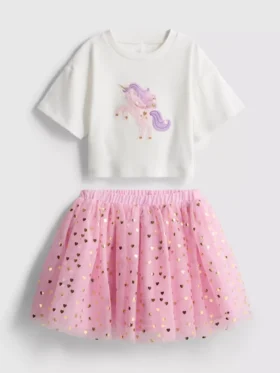 1,5-8 años | Conjunto de camiseta con diseño de unicornio y falda tutú