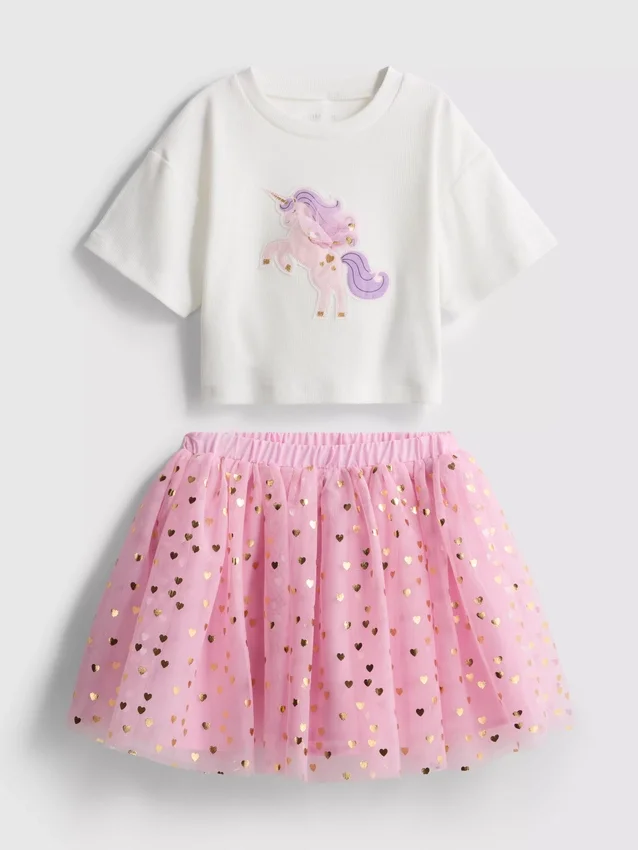 1,5-8 años | Conjunto de camiseta con diseño de unicornio y falda tutú