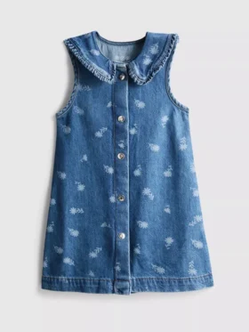 1,5-8 años | Vestido de mezclilla sin mangas con cuello y estampado floral