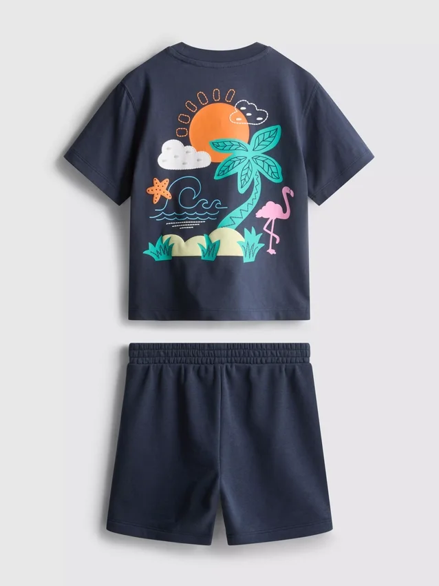 1,5-9 años | Conjunto de camiseta y pantalones cortos con estampado tropical flocado