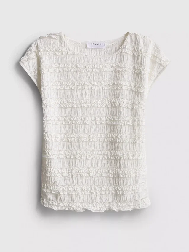 7-15 años | Blusa con mangas casquillo arrugadas y ribete de encaje
