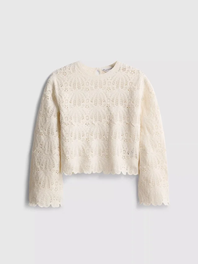 7-15 años | Blusa de manga larga con ribete festoneado de croché