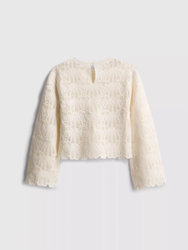 7-15 años | Blusa de manga larga con ribete festoneado de croché