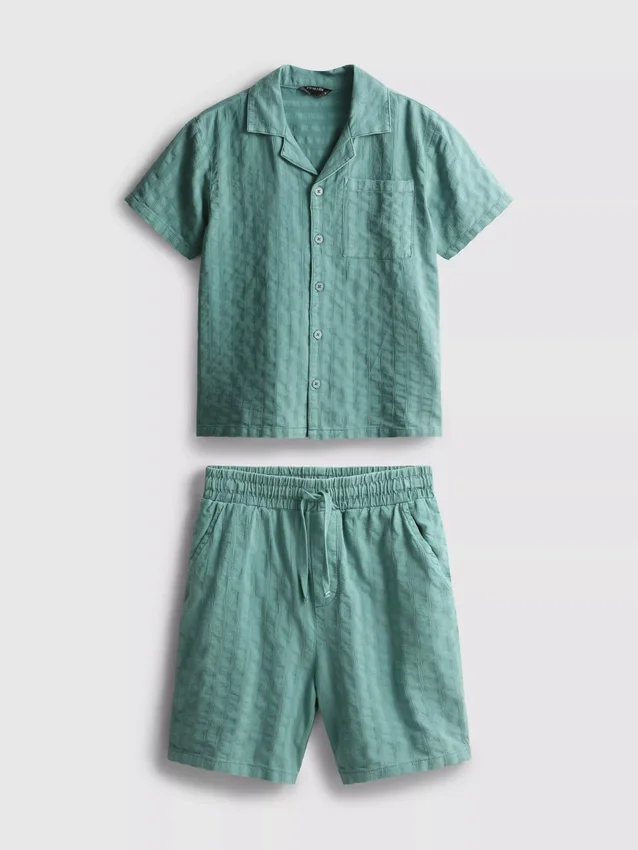 7-15 años | Conjunto de camisa de manga corta con botones y pantalones cortos con textura