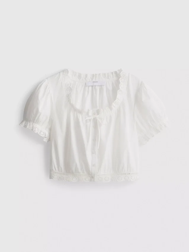 Blusa corta de popelín de algodón con mangas abullonadas