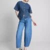 Blusa de manga corta ajustada de mezclilla de algodón para pantalones cortos