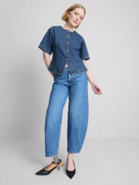 Blusa de manga corta ajustada de mezclilla de algodón para pantalones cortos