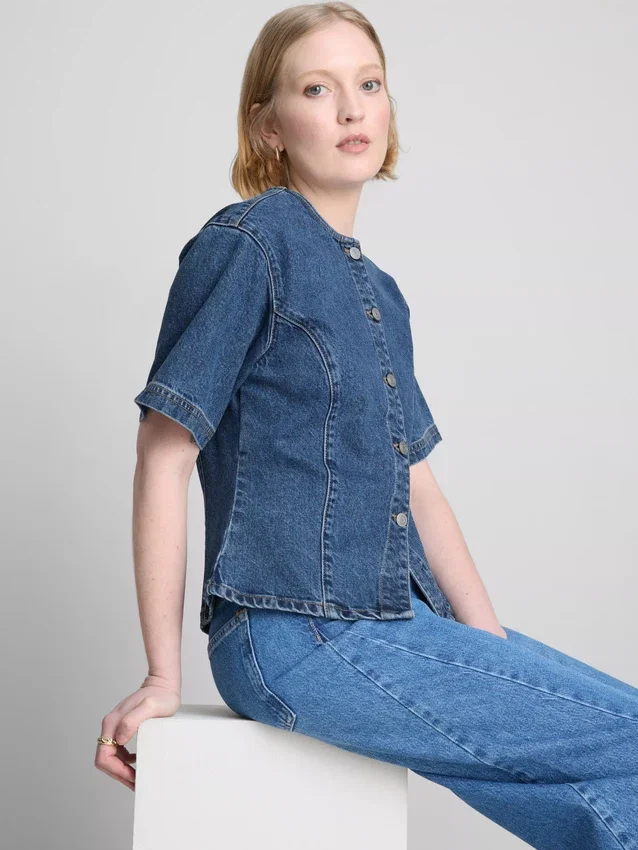 Blusa de manga corta ajustada de mezclilla de algodón para pantalones cortos