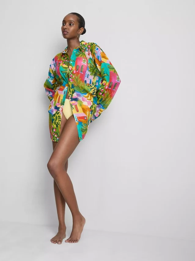 Camisas de playa de algodón estampadas con botones