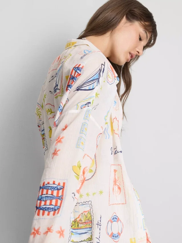 Camisas de playa de algodón estampadas con botones