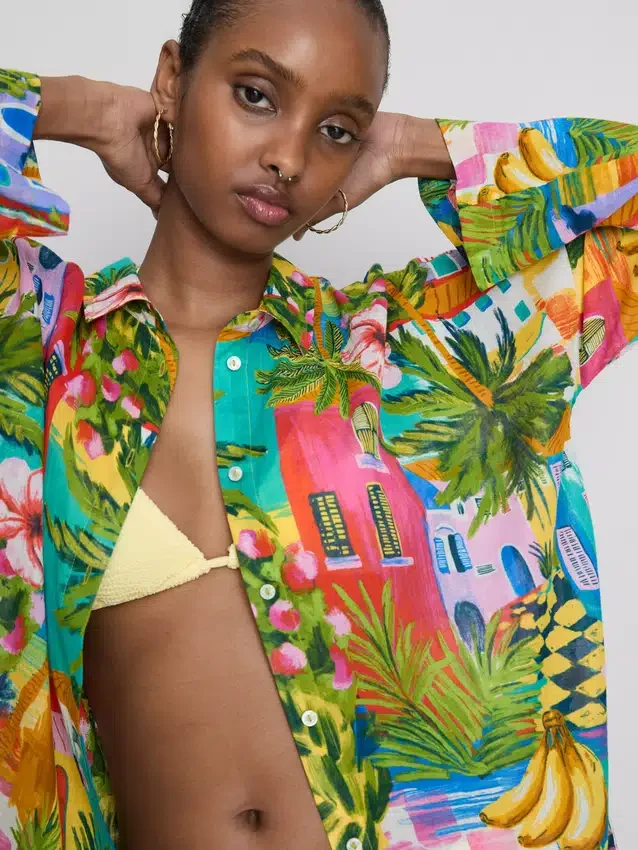 Camisas de playa de algodón estampadas con botones