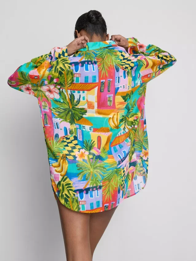 Camisas de playa de algodón estampadas con botones