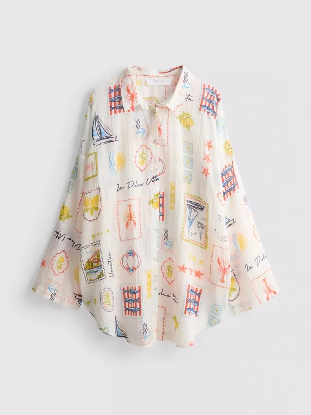 Camisas de playa de algodón estampadas con botones
