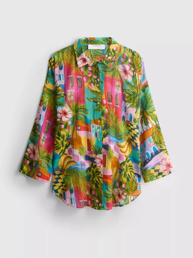 Camisas de playa de algodón estampadas con botones