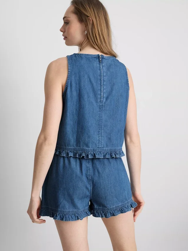 Camiseta sin mangas corta de denim de algodón con volantes
