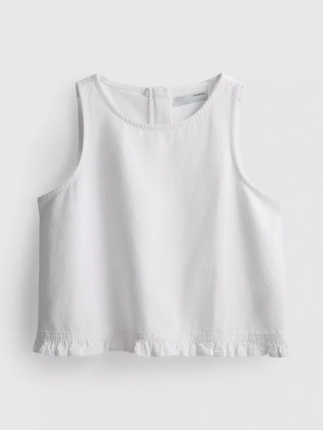 Camiseta sin mangas corta de denim de algodón con volantes