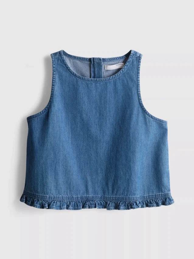 Camiseta sin mangas corta de denim de algodón con volantes