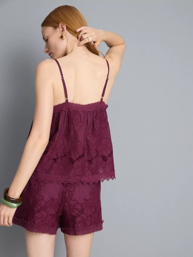 Camiseta sin mangas de algodón con bordado floral