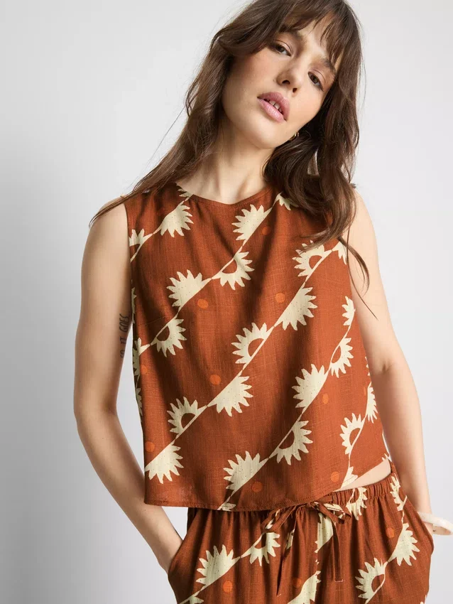 Camiseta sin mangas estampada de mezcla de algodón