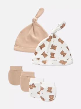 Conjunto de 2 piezas de gorro y manoplas de osito para recién nacidos