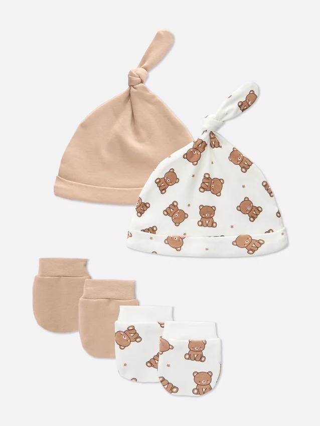 Conjunto de 2 piezas de gorro y manoplas de osito para recién nacidos