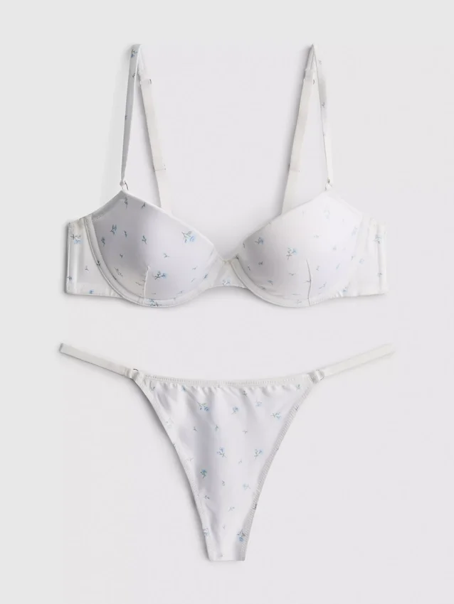 Conjunto de lencería push-up de satén con estampado floral