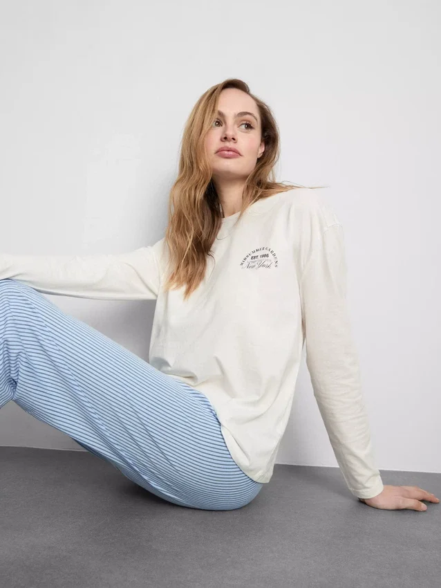 Conjunto de pijama de algodón estampado con cuello redondo