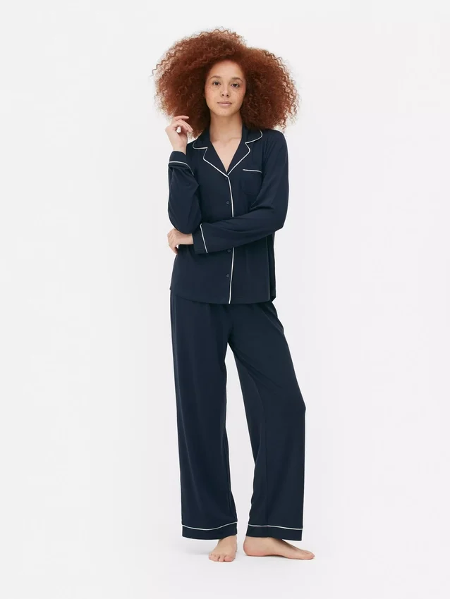 Conjunto de pijama estilo boyfriend de manga larga en tejido de punto jersey