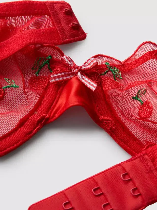 Conjunto de ropa interior de malla con bordado de cerezas