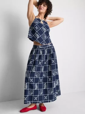 Falda midi de algodón bordada con corte en A