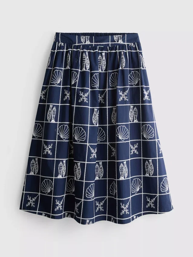 Falda midi de algodón bordada con corte en A