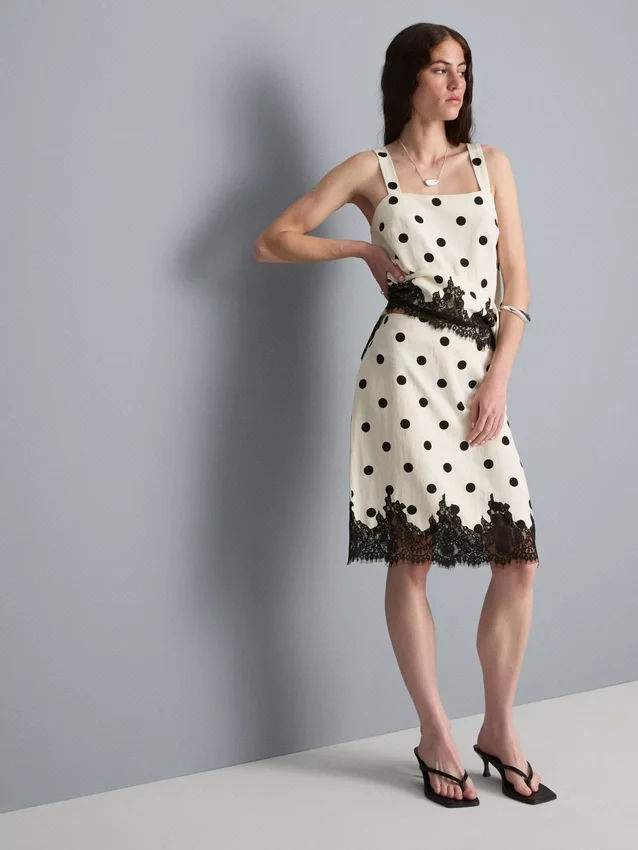 Falda midi de encaje con lunares de mezcla de algodón
