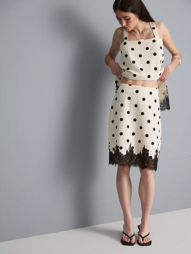 Falda midi de encaje con lunares de mezcla de algodón