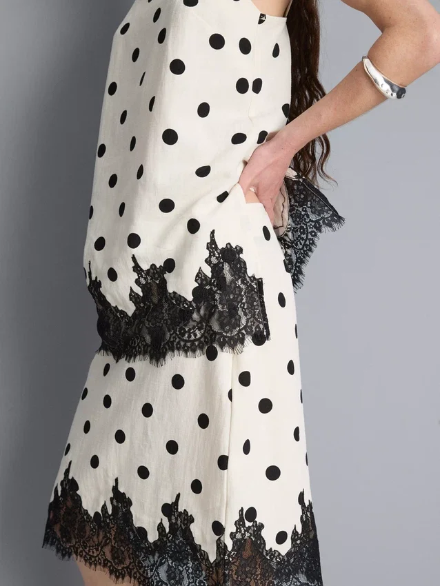 Falda midi de encaje con lunares de mezcla de algodón