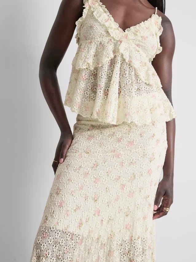Falda midi floral texturizada de mezcla de algodón