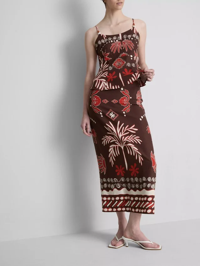 La falda midi estampada de mezcla de lino de The Edit