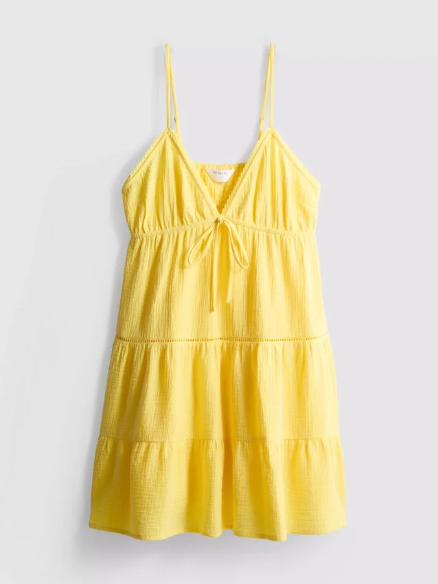 Mini vestido de algodón con cuello en V y volantes