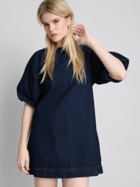 Mini vestido de mezclilla de algodón con mangas abullonadas