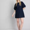 Mini vestido de mezclilla de algodón con mangas abullonadas