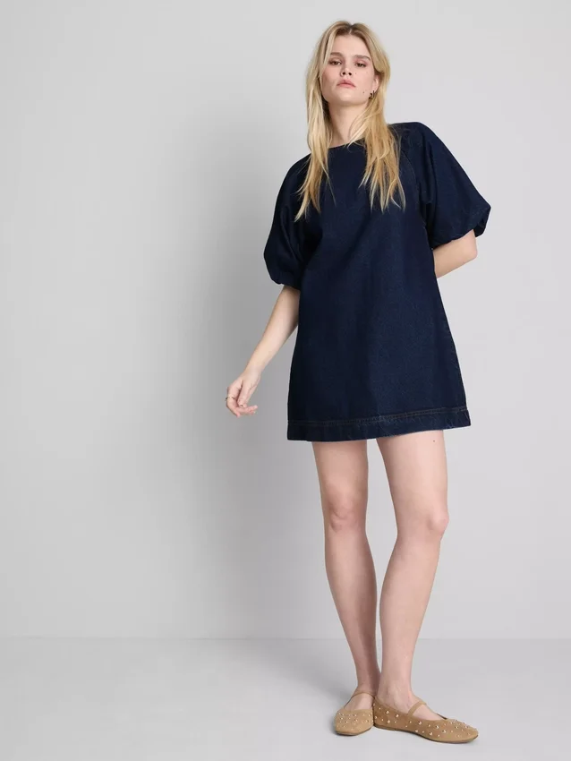 Mini vestido de mezclilla de algodón con mangas abullonadas