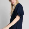 Mini vestido de mezclilla de algodón con mangas abullonadas