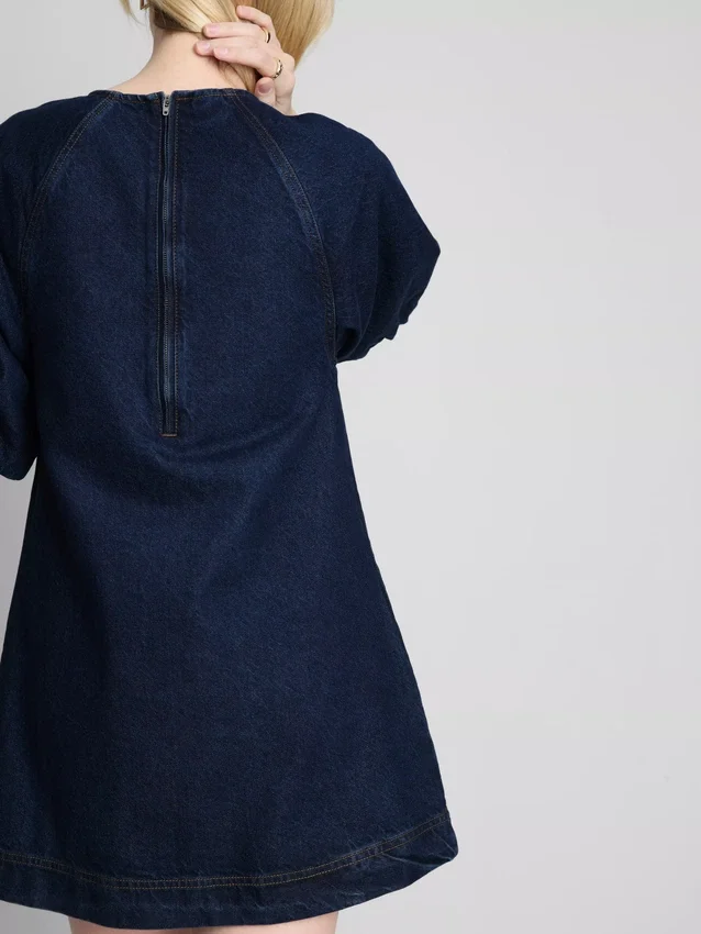 Mini vestido de mezclilla de algodón con mangas abullonadas