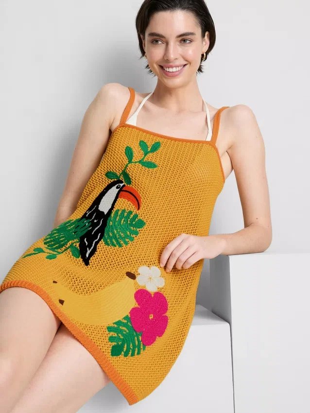 Mini vestido de playa de croché con bordados