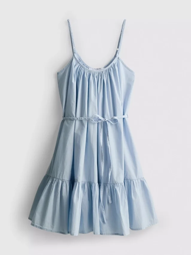 Mini vestido de popelín con volantes y tirantes